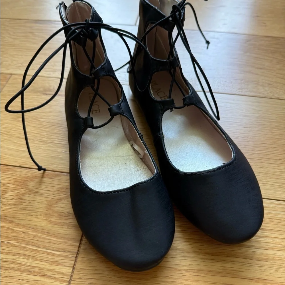 Girls Lace-Up Black Ballet Flats